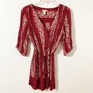 Forever 21 Bohemian Floral V-neck Button Dress Self Tie Cord with Tassel Waist